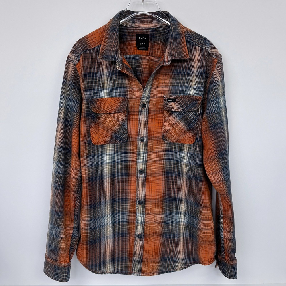 RVCA Muir Flannel Shirt M Rust Orange Shadow Plaid Cotton Long Sleeve Surf Skate